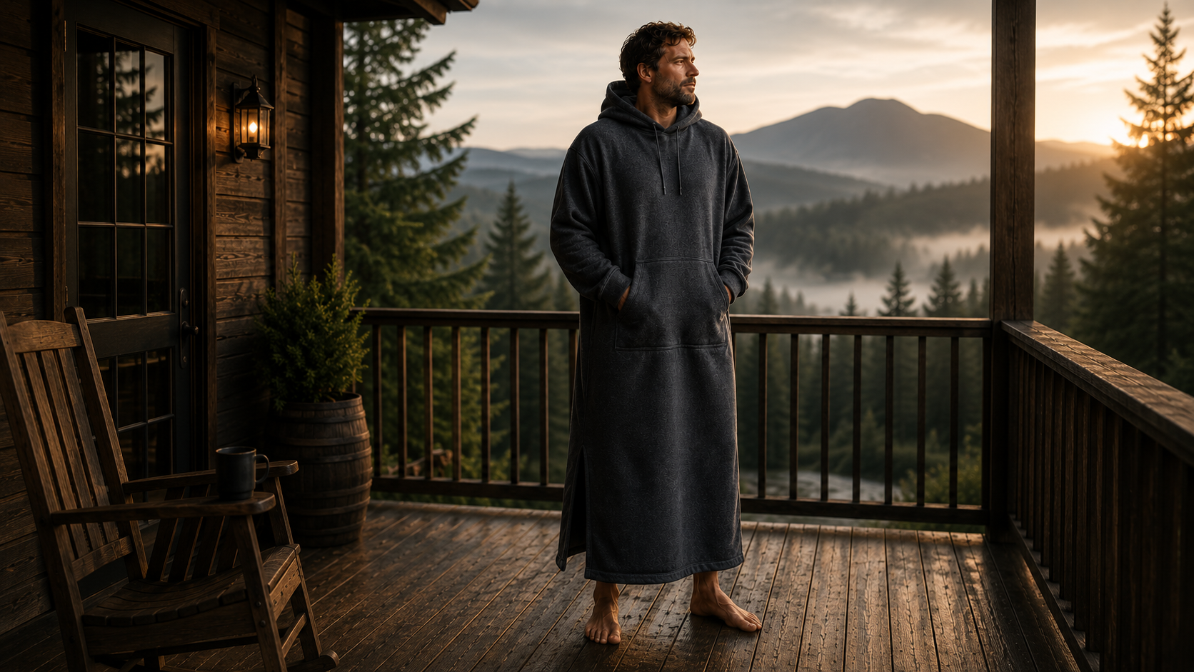 A man relaxing in a full-length charcoal Bromuu