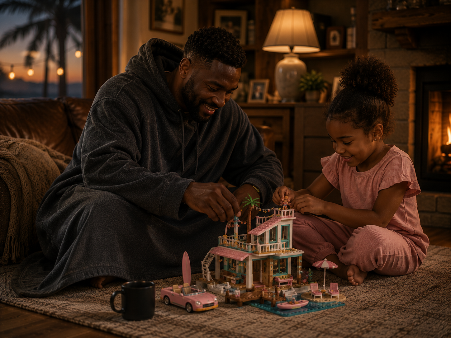 A Black father building a colorful beach house toy set with his daughter