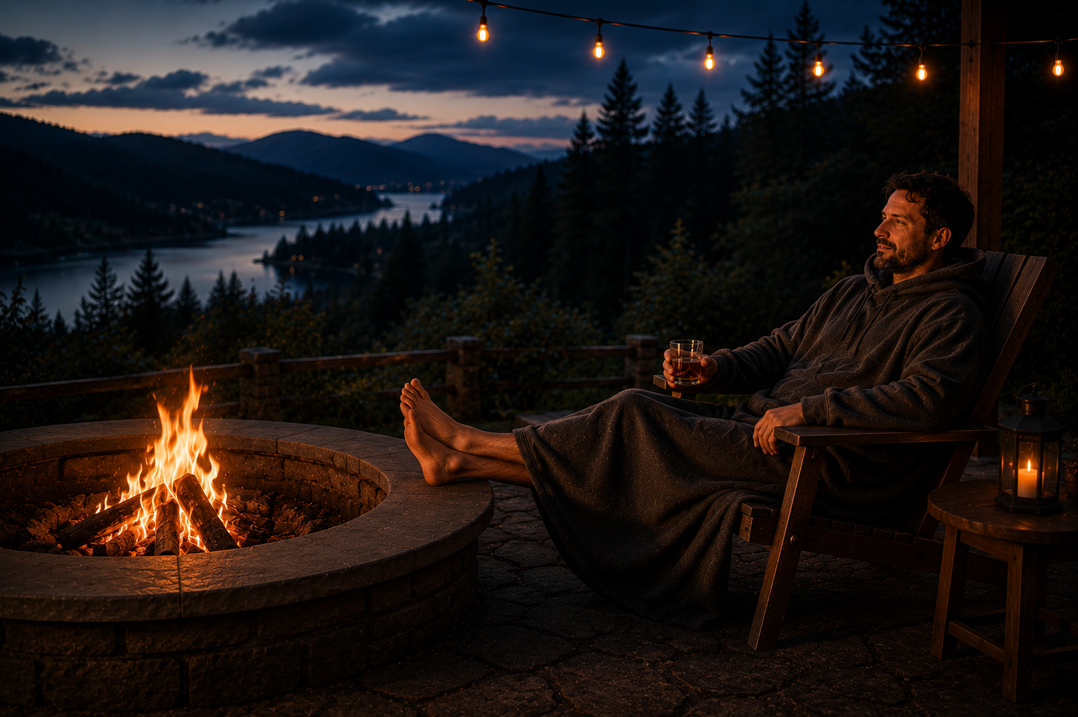 A man relaxing beside a fire pit in a Bromuu