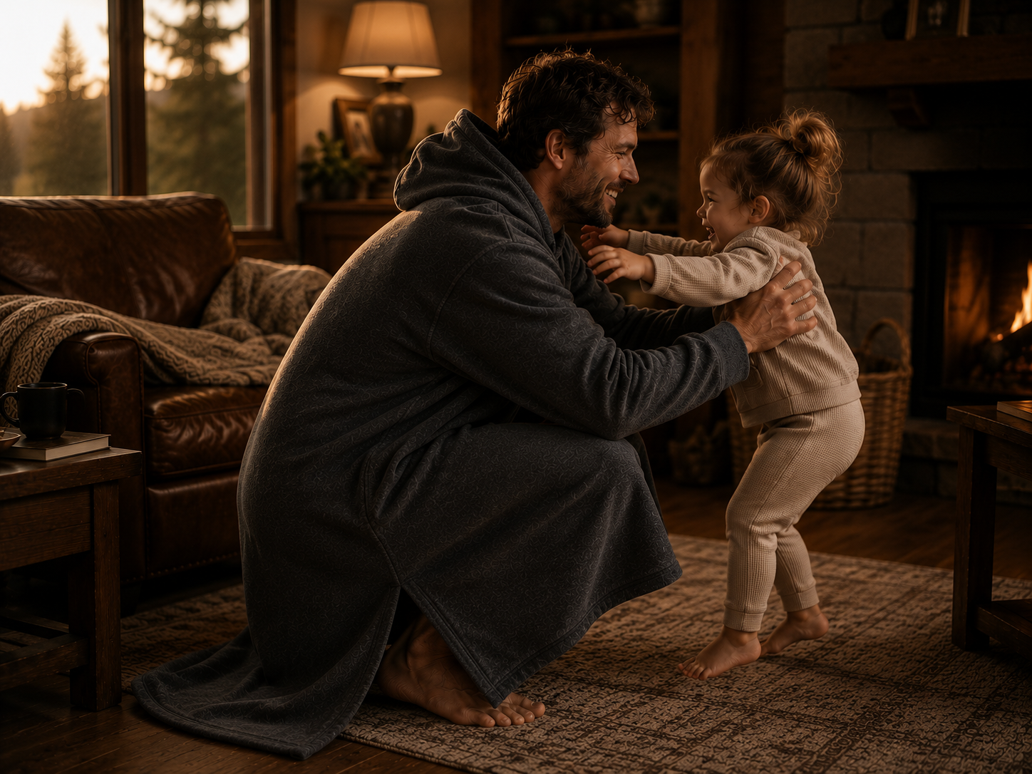 A father squatting to pick up his toddler while the Bromuu side vent allows movement