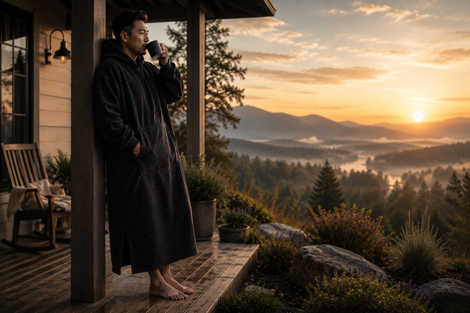An Asian man enjoying coffee at sunrise while wearing a Bromuu